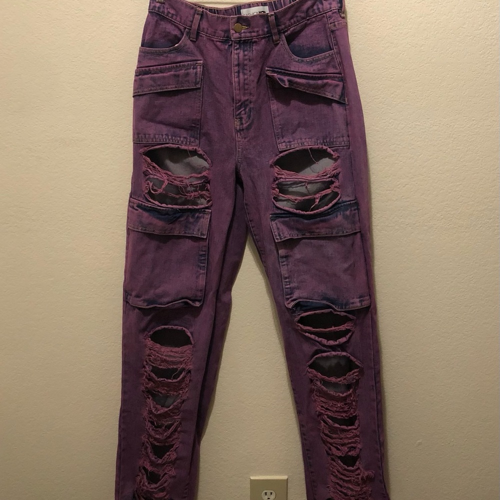 Fashion Nova Women's Believe Me Ripped High Rise Cargo Jeans Size 11 Pink